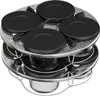 A multi-tiered stainless steel steamer basket with black lids on top and glass containers below. Voir les images du produit