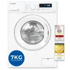 A white Exquisit washing machine is shown from the front against a white background. There are several award badges and a capacity indicator on the right and bottom left of the image. Produktbild-Vorschau