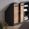 A close-up view of a cabinet with wooden doors and shelves, set against a light gray wall. Voir les images du produit