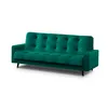 A teal velvet sofa with tufted cushions and wooden legs, shown from a side-angle against a white background. Produktbild-Vorschau