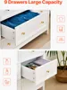 A close-up view of a white dresser with gold knobs, showing open drawers with items inside, alongside icons representing clothing, towels, hats, soap, lipstick, and a duck. Náhled obrázku produktu
