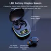 A pair of black wireless earbuds in an open charging case, with a digital display showing battery levels. Produktbild-Vorschau
