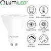 A white LED light bulb is shown next to several icons and text describing its features. Produktbild-Vorschau