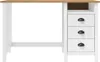 A white desk with a wooden top and three drawers on the right side, isolated on a white background. Produktbild-Vorschau