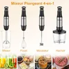 A collage showing a 4-in-1 immersion blender with its different attachments and examples of food and drinks it can prepare. Produktbild-Vorschau