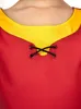Close-up of the neckline of a child's red and yellow dress with black lacing. Produktbild-Vorschau