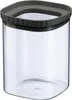 A clear studio shot of a glass food storage container with a gray lid. Produktbild-Vorschau