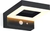 A black outdoor solar wall light with a square opening and a light emitting from the top and bottom. It has a motion sensor and a smaller sensor on the front. Produktbild-Vorschau