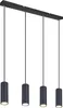 A black linear pendant light with four cylindrical lampshades hanging from a black bar. Náhled obrázku produktu