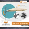 A marketing image showcasing a cantilever umbrella with various features highlighted through text and close-up insets. Produktbild-Vorschau