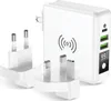 A white universal travel charger with multiple plug adapters and a wireless charging symbol. Podgląd zdjęcia produktu