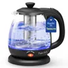 A glass electric kettle filled with water and lit with blue LED lights, sitting on its base. Produktbild-Vorschau