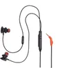 A pair of black in-ear headphones with red accents and an orange audio jack. Produktbild-Vorschau