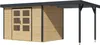 A wooden garden shed with a gray metal roof and an attached canopy supported by metal posts. Produktbild-Vorschau