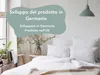 A bedroom scene with a bed and pillows, overlaid with text related to product development in Germany. Anteprima dell’immagine prodotto