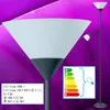 A floor lamp with a cone-shaped shade and an adjustable reading light, shown against a purple and white gradient background. An energy efficiency label and technical specifications are also visible. Produktbild-Vorschau