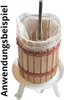A wooden fruit press with a metal screw mechanism and a white mesh liner, set on a white stand. Produktbild-Vorschau