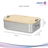 A stainless steel lunchbox with a bamboo lid, shown with dimensions and weight indicated. Anteprima dell’immagine prodotto
