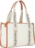 A white tote bag with brown trim and straps with the brand name printed on them. Anteprima dell’immagine prodotto