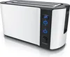 A studio shot of a white and black toaster with a digital display and control buttons. Voir les images du produit