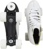 Two views of a white roller skate, one showing the bottom and wheels, the other showing the top and laces. Produktbild-Vorschau