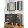 A modern bathroom vanity set with a sink, mirror, and storage cabinets. Produktbild-Vorschau