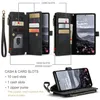 A collage of images showing a black wallet-style phone case for a Samsung Galaxy S24, with close-ups of its card slots, zipper pocket, and stand function. Produktbild-Vorschau
