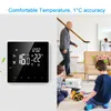 A thermostat display is shown on the left, and a family scene with children playing is on the right, suggesting the product's use in a home environment. Produktbild-Vorschau