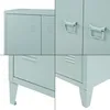 A collage of close-up shots of a gray-blue metal cabinet, showing its doors, handles, ventilation slots, and legs. Náhled obrázku produktu