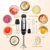 A collage of images showcasing various food and drink preparations made with an immersion blender, with the blender itself prominently displayed. Produktbild-Vorschau