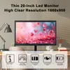 A 20-inch LED monitor is displayed on a wooden desk, with a desk lamp and a cactus in the background. Below the monitor are icons representing product features. Produktbild-Vorschau