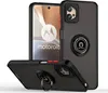 A black phone case with a red accent and a ring holder is shown from multiple angles, with a Motorola phone visible behind it.
