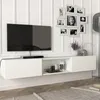 A modern living room setup featuring a wall-mounted TV and entertainment unit. Produktbild-Vorschau