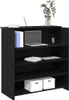 A black reception desk with shelves, a laptop, books, and a plant on top. Podgląd zdjęcia produktu