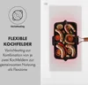 A close-up of a cooking surface with sausages and vegetables being grilled, next to marketing text and an icon. Produktbild-Vorschau