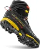 Schwarze Wanderschuhe "TXS GTX" von La Sportiva mit gelben und roten Akzenten; Profilsohle sichtbar. Podgląd zdjęcia produktu