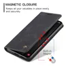 A black leather phone case is shown open, revealing the phone inside. Text overlays describe the magnetic closure feature. Produktbild-Vorschau