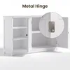 A white cabinet with its doors open, showing shelves inside. A close-up inset highlights a metal hinge. Produktbild-Vorschau
