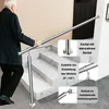 An elderly man is using a stainless steel handrail on a staircase. The image includes inset diagrams highlighting product features. Produktbild-Vorschau
