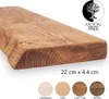 A close-up view of a wooden shelf with a natural edge, showing wood grain and texture. The image also includes branding and color swatches. Anteprima dell’immagine prodotto