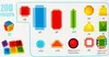 A diagram showing the different types of building blocks included in a 200-piece set, with quantities indicated. Voir les images du produit