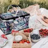 A picnic scene with a cooler bag, fruits, and drinks on a blanket. Náhled obrázku produktu