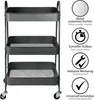 A dark gray three-tier rolling cart with informational icons and text on the right side. Produktbild-Vorschau