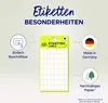 A marketing image showcasing Avery Zweckform labels with various features highlighted. Produktbild-Vorschau