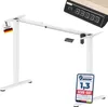 A white electric height-adjustable desk frame is shown against a white background, with a control panel and a test certificate displayed. Produktbild-Vorschau