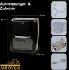 A black air oven is shown with dimensions and accessories. The text indicates it is a Starlyf Air Oven. Produktbild-Vorschau