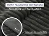 Close-up of a dark gray textured blanket with text overlays highlighting its features. Produktbild-Vorschau