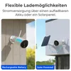 Two security cameras are shown, one powered by a rechargeable battery and the other by a solar panel. Produktbild-Vorschau