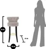 A bar stool with dimensions indicated, next to a silhouette of a person for scale. Podgląd zdjęcia produktu