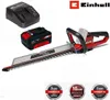 A cordless hedge trimmer, battery, and charger are displayed against a white background, along with marketing badges. Produktbild-Vorschau